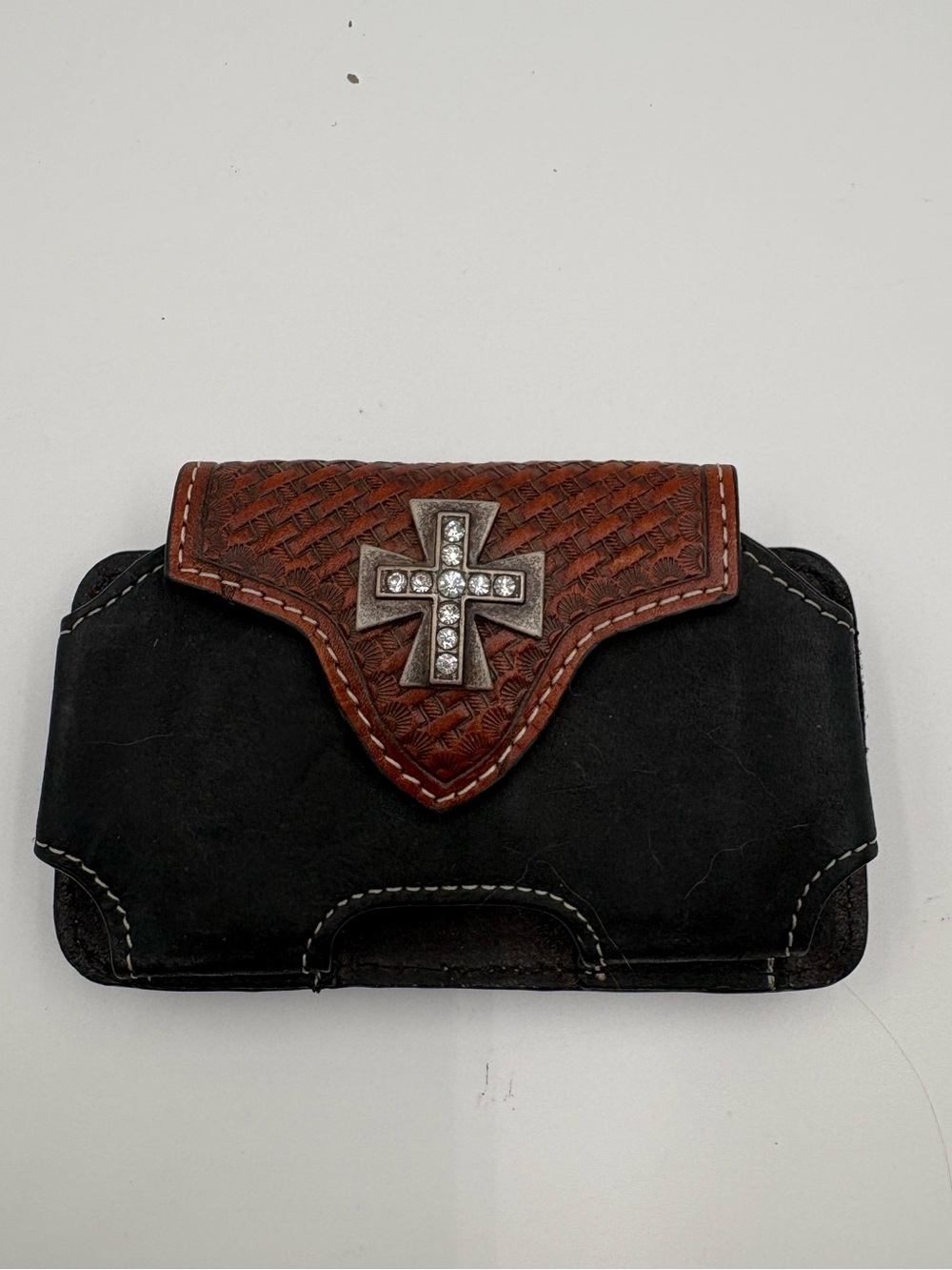 Nocona Leather Cell Phone Belt Holster Cross Rhinestone Tooled Western Black